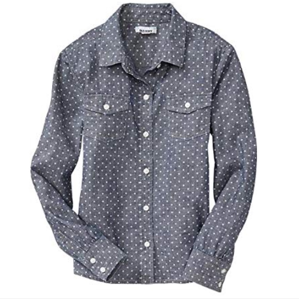 Women's Old Navy Blue White Polk a Dot Chambray Button Up Medium